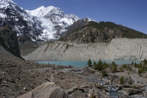 Gangapurna glacier and lake. The latter has formed over the last 20 years with melting of the glacier