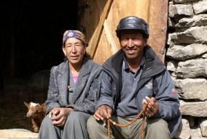 Sonam Chhiring Gurung, local farmer and owner of Manang Hotel, at home with his wife. He and Sonam Chhiring Ghale talked about higher temperatures, more erratic rainfall patterns, less snow and loss of forest cover